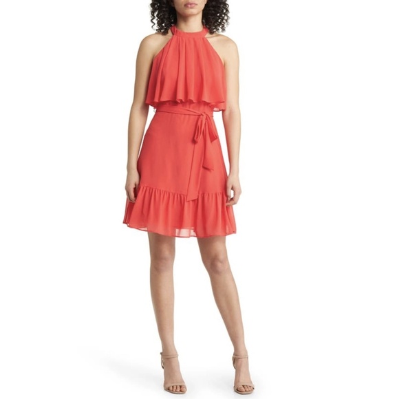 NWT Eliza J Tiered Popover Chiffon Mini Dress in Strawberry Sz. 8 - Picture 1 of 5